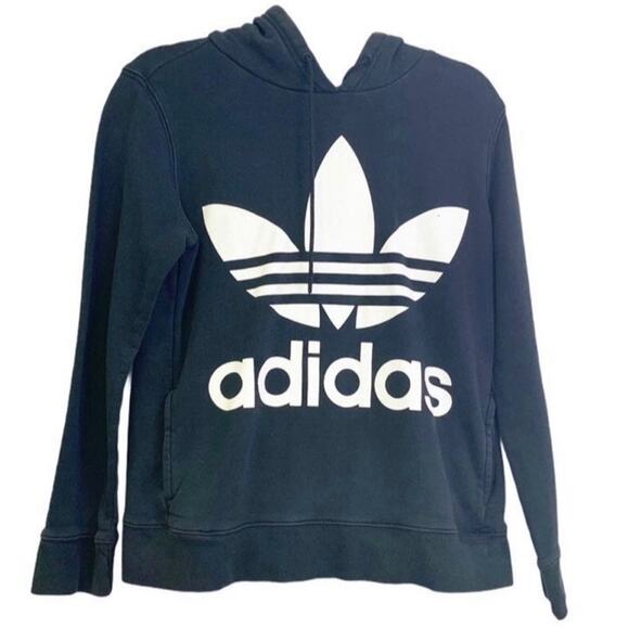 Adidas Trefoil Hoodie in Black/White Pockets Sweatshirt Size Small - Picture 1 of 8
